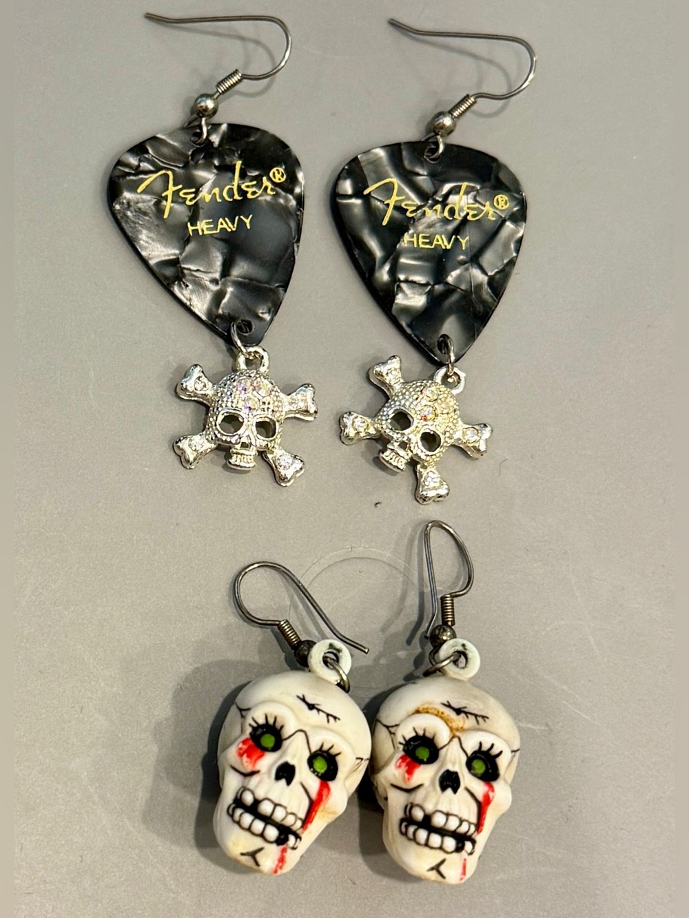 Skull Earrings - Black Fender Guitar Pick Silver Skull, White Dangle - Halloween